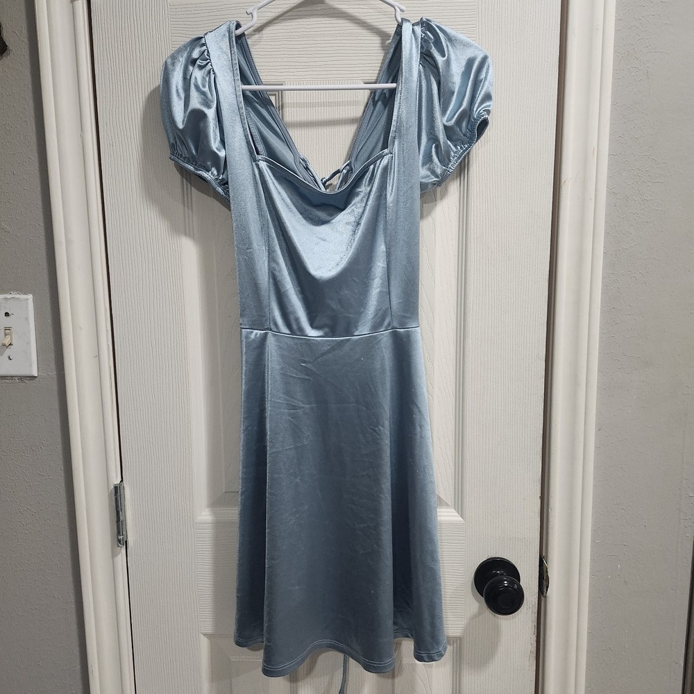 Satin Skater Dress Medium‎ Xtraordinary Lace Up Back Pockets Milkmaid Boho Fairy